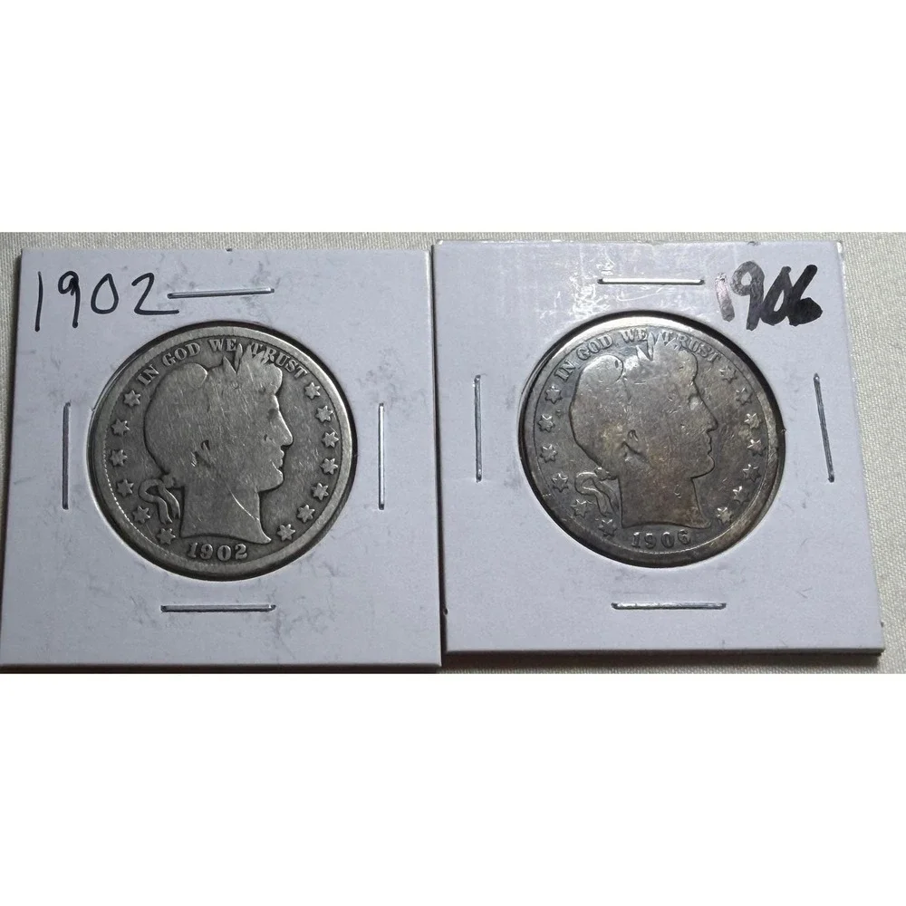 1902 and 1906 Barber Half Dollar US Silver Coins Lot of 2 90% Silver